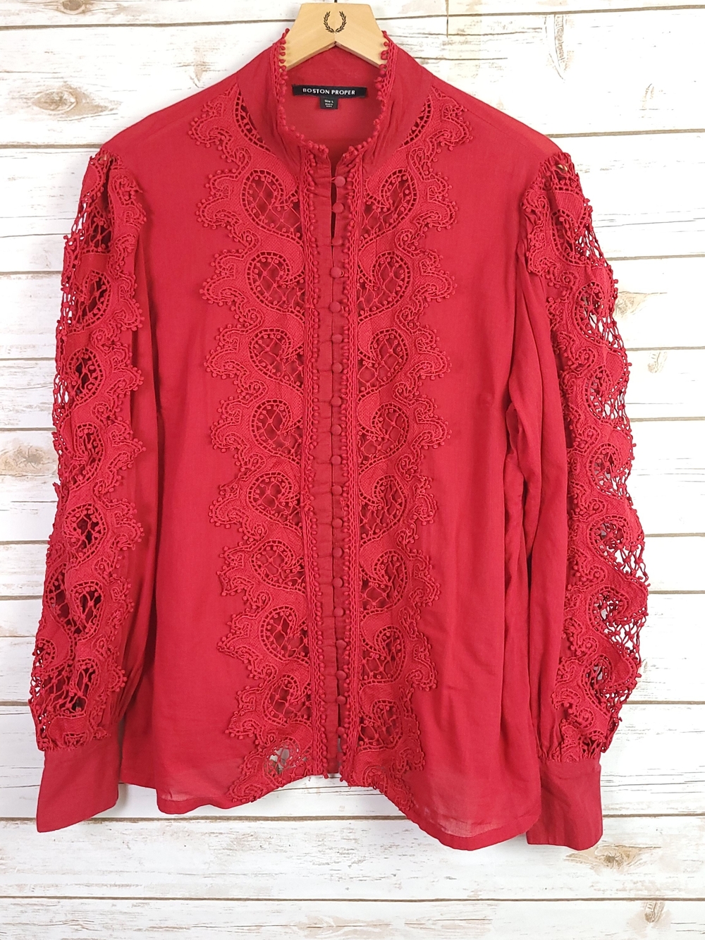 Boston Proper Blouse Large Red Lace Inset Puffy Sleeve Feminine Romantic